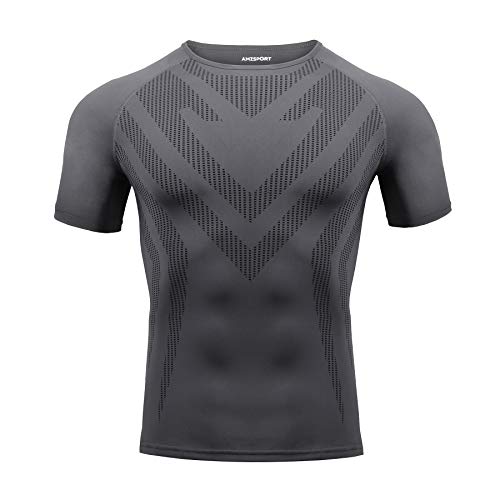 AMZSPORT Camisa de Compresión Deportiva para Hombre Camiseta de Manga Corta Camiseta de Secado Rápido Capa Base para Correr, Gris, L