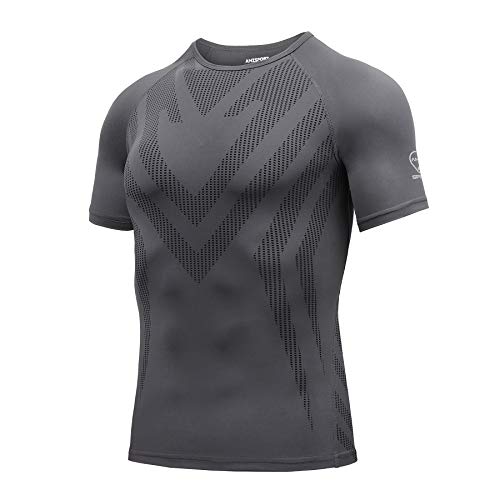 AMZSPORT Camisa de Compresión Deportiva para Hombre Camiseta de Manga Corta Camiseta de Secado Rápido Capa Base para Correr, Gris, L