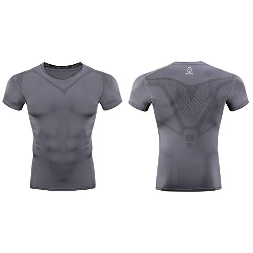 AMZSPORT Camisa de Compresión para Hombre Camiseta de Manga Corta Capa Base Seca y Fresca Fitness Top, Gris Oscuro XXL