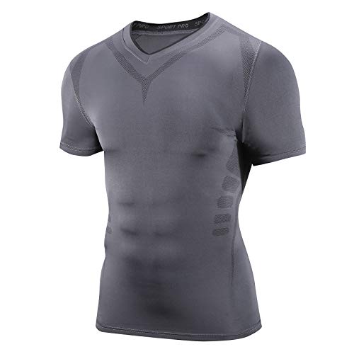 AMZSPORT Camisa de Compresión para Hombre Camiseta de Manga Corta Capa Base Seca y Fresca Fitness Top, Gris Oscuro XXL