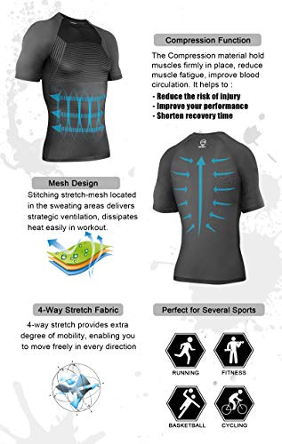 AMZSPORT Camiseta de Compresión Deportiva para Hombre Diseño de Malla Camiseta de Manga Corta Top para Correr Entrenamiento Gym - Gris S