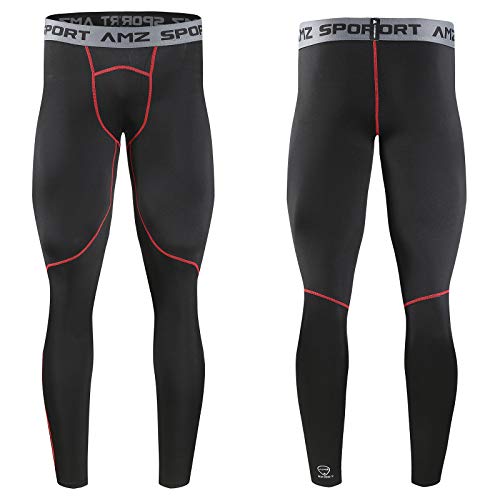 AMZSPORT Hombres Legging de Compresión Pantalones para Correr Mallas Deportivas para Gimnasio, Negro Rojo XL