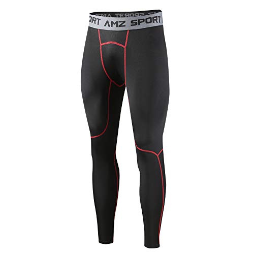 AMZSPORT Hombres Legging de Compresión Pantalones para Correr Mallas Deportivas para Gimnasio, Negro Rojo XL