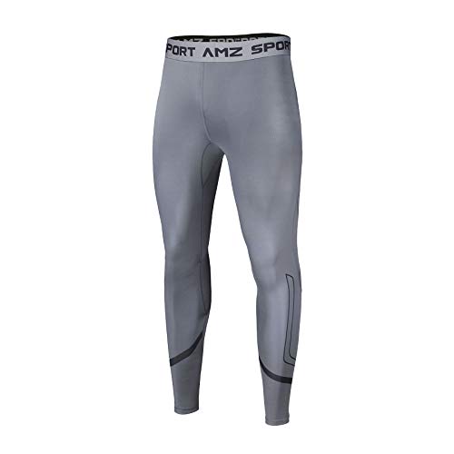 AMZSPORT Pantalones de Compresion Hombre Deporte Mallas Running de Secado Rápido, Gris, L