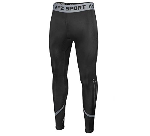 AMZSPORT Pantalones de Compresion Hombre Deporte Mallas Running de Secado Rápido, Negro, S