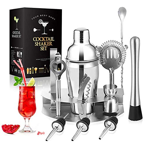 A/N Juego para Cócteles,550ml Martini Shaker con Set de cócteles Accesorios 12 Piezas de Herramientas Profesionales de Acero Inoxidable de Barra (Plata, 550ML)