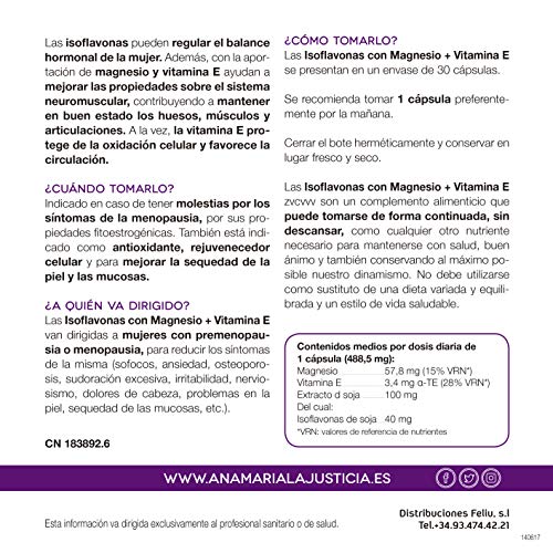 Ana Maria Lajusticia - Isoflavonas con magnesio + VIT E – 30 cápsulas. Reduce los síntomas de la menopausia. Apto para veganos. Envase para 30 días de tratamiento. Ana Maria Lajusticia - Isoflavonas con magnesio + VIT E – 30 cápsulas. Reduce los síntomas de la menopausia. Apto para veganos. Envase para 30 días de tratamiento.