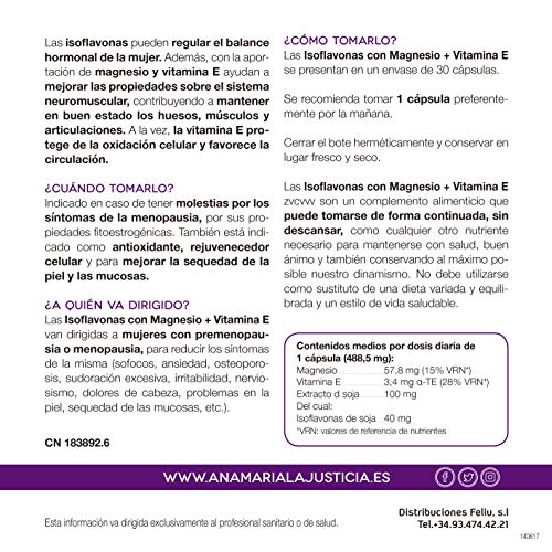 Ana Maria Lajusticia - Isoflavonas con magnesio + VIT E – 30 cápsulas. Reduce los síntomas de la menopausia. Apto para veganos. Envase para 30 días de tratamiento.