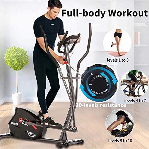 ANCHEER Bicicleta Elíptica de Fitness Elíptica para Casa 10 Niveles de Resistencia/Medición de Pulso/Inercia Controlado Magnéticamente/Conexión con App, Carga máxima: 180 kg, Color Gris