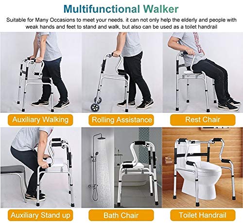 Andador para Ancianos Andador Plegable para Personas Mayores - Marco para Caminar Ligero y Resistente con 2 Ruedas, Asiento, Bolsa y 4 Almohadillas de Repuesto para Los Pies, Altura Ajustable, Carga 1