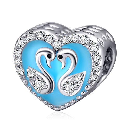 Andante-Stones - Abalorio de plata de ley 925 con forma de cisne azul en el corazón con circonita cúbica - elemento para pulsera europea + bolsa de organza