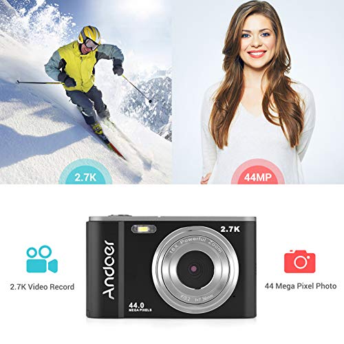 Andoer Mini cámara digital de 44 MP 2,7 K pantalla IPS de 2,7 pulgadas, zoom 16X, temporizador automático de 128 GB, memoria extendida, 2 baterías con correa de mano, bolsa de transporte para Navidad