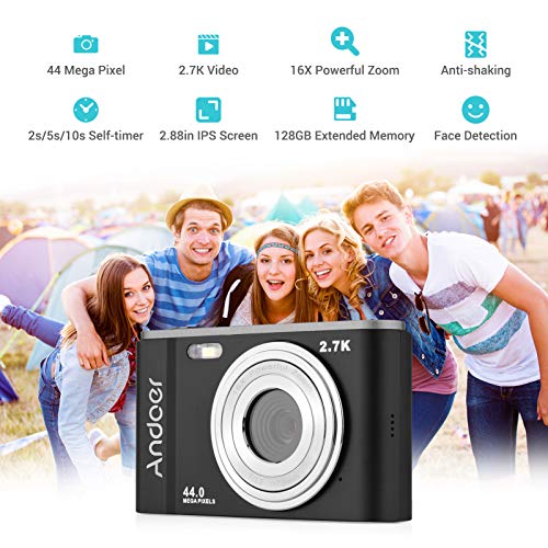 Andoer Mini cámara digital de 44 MP 2,7 K pantalla IPS de 2,7 pulgadas, zoom 16X, temporizador automático de 128 GB, memoria extendida, 2 baterías con correa de mano, bolsa de transporte para Navidad