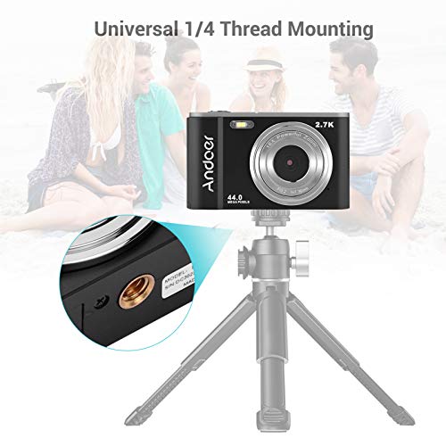 Andoer Mini cámara digital de 44 MP 2,7 K pantalla IPS de 2,7 pulgadas, zoom 16X, temporizador automático de 128 GB, memoria extendida, 2 baterías con correa de mano, bolsa de transporte para Navidad