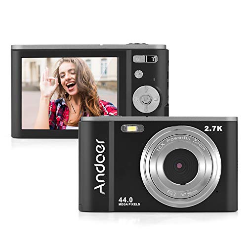 Andoer Mini cámara digital de 44 MP 2,7 K pantalla IPS de 2,7 pulgadas, zoom 16X, temporizador automático de 128 GB, memoria extendida, 2 baterías con correa de mano, bolsa de transporte para Navidad