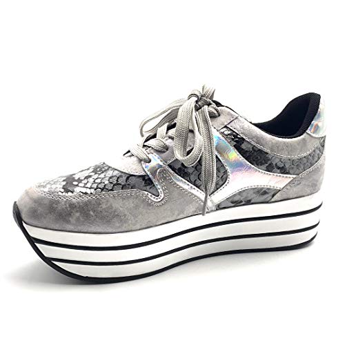 Angkorly - Zapatillas Moda Zapatilla - Sneakers de cuña Gran Plataforma Plano Streetwear Mujer Leopardo Rayas Plataforma 5 CM - Plata 2 F3201 T 40 Angkorly - Zapatillas Moda Zapatilla - Sneakers de cuña Gran Plataforma Plano Streetwear Mujer Leopardo Rayas Plataforma 5 CM - Plata 2 F3201 T 40