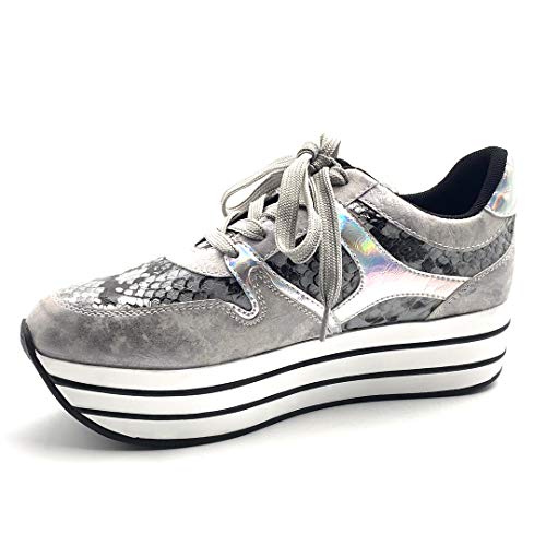 Angkorly - Zapatillas Moda Zapatilla - Sneakers de cuña Gran Plataforma Plano Streetwear Mujer Leopardo Rayas Plataforma 5 CM - Plata 2 F3201 T 40