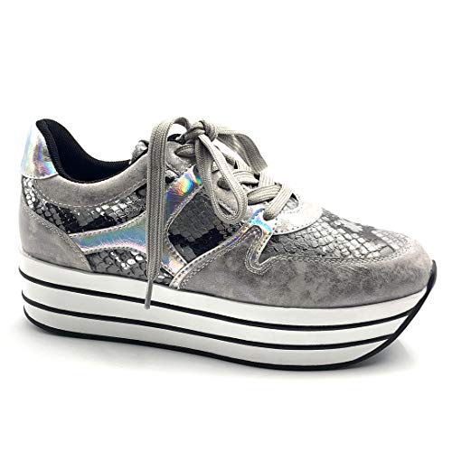 Angkorly - Zapatillas Moda Zapatilla - Sneakers de cuña Gran Plataforma Plano Streetwear Mujer Leopardo Rayas Plataforma 5 CM - Plata 2 F3201 T 40 Angkorly - Zapatillas Moda Zapatilla - Sneakers de cuña Gran Plataforma Plano Streetwear Mujer Leopardo Rayas Plataforma 5 CM - Plata 2 F3201 T 40