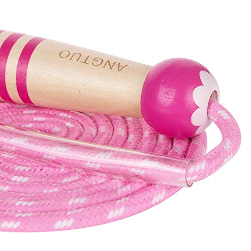 ANGTUO Skipping Rope Kids, niños ajustable Cotton Jumping Rope con mango de madera de dibujos animados para niños y niñas