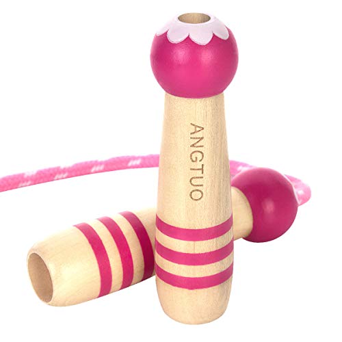 ANGTUO Skipping Rope Kids, niños ajustable Cotton Jumping Rope con mango de madera de dibujos animados para niños y niñas