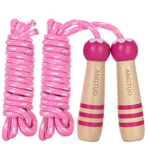 ANGTUO Skipping Rope Kids, niños ajustable Cotton Jumping Rope con mango de madera de dibujos animados para niños y niñas ANGTUO Skipping Rope Kids, niños ajustable Cotton Jumping Rope con mango de madera de dibujos animados para niños y niñas