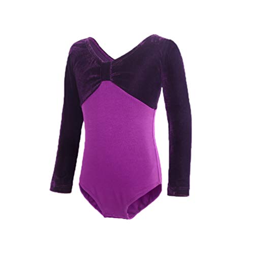 Angyu Elegante Danza Clásica Maillot de Gimnasia para Niñas Leotardo de Ballet Mono Cuello Redondo Backless (Morado(Manga Larga,Entrepierna Abierta),170)