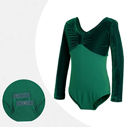 Angyu Elegante Danza Clásica Maillot de Gimnasia para Niñas Leotardo de Ballet Mono Cuello Redondo Backless (Verde Oscuro(Manga Larga,Entrepierna Abierta),170)