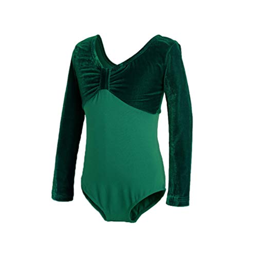 Angyu Elegante Danza Clásica Maillot de Gimnasia para Niñas Leotardo de Ballet Mono Cuello Redondo Backless (Verde Oscuro(Manga Larga,Entrepierna Abierta),170)