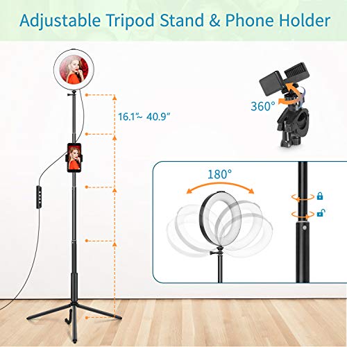 Anillo de Luz 8” MACTREM Aro de Luz LED Regulable para Selfie Fotografía Ring Light con Trípode Soporte para Movíl, Palo Selfie y Espejo para Youtube, Maquillaje, Teléfono, Vídeo, Foto - Negro