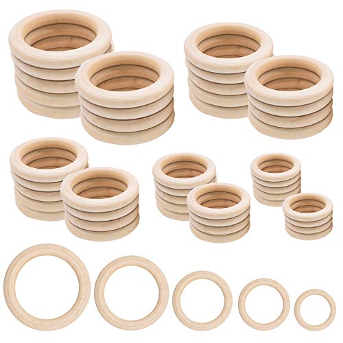 Anillos de madera, 50 unidades de anillos de madera natural para manualidades, 5 tamaños, anillos redondos para manualidades, joyas, hallazgos de macramé (35 mm, 40 mm, 45 mm, 50 mm, 55 mm)