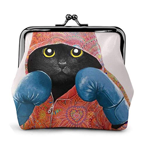 Animado Gato Negro Boxeador Divertido Vintage Bolsa Chica Beso-Cerradura Cambiar Monedero Carteras Hebilla Cuero monederos Clave