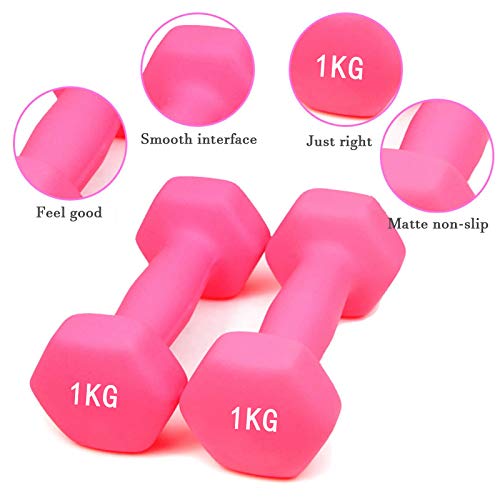 Anjing - Juego de 2 mancuernas de neopreno, 1 kg, color rosa