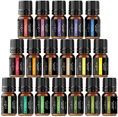 Anjou Aceites Aromaterapia 18, Aceites Esenciales Natural 100% (Lavanda, Naranja Dulce, Árbol de Té, Eucalipto, Hierba de Limón, Menta, Bergamota, Incienso, Limón y Extra) para Difusor (5ml*18)