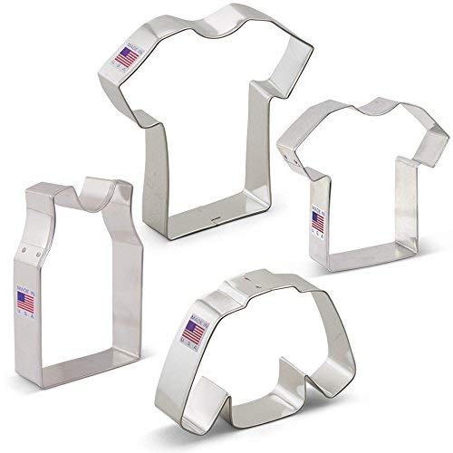 Ann Clark Cookie Cutters Juego de 4 cortadores de galletas camiseta deportiva / jersey con libro de recetas, camiseta pequeña, camiseta grande, camiseta sin mangas y jersey