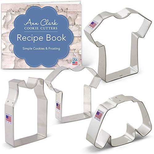 Ann Clark Cookie Cutters Juego de 4 cortadores de galletas camiseta deportiva / jersey con libro de recetas, camiseta pequeña, camiseta grande, camiseta sin mangas y jersey