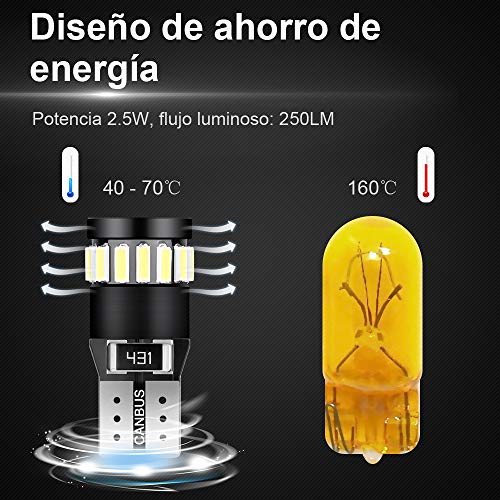 Anpro 10 Paquetes T10 LED Canbus Bombillas,T10 W5W LED Blanco Super Brillante W5W T10 194 168 2825 158 175 21 SMD 4014 6000K,Luz para Coche