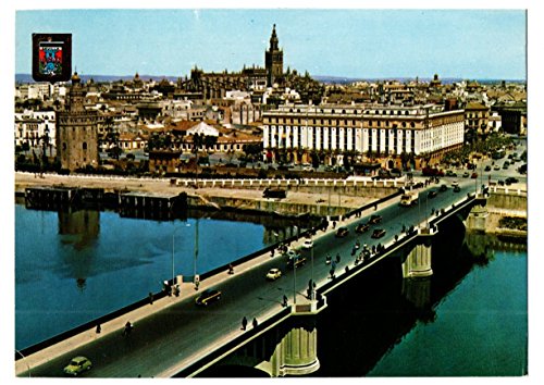 ANTIGUA TARJETA POSTAL POSTCARD POST CARD SEVILLA VISTA PARCIAL Y RÍO GUADALQUIVIR FISA ESCUDO DE ORO SEAT 600 PUENTE