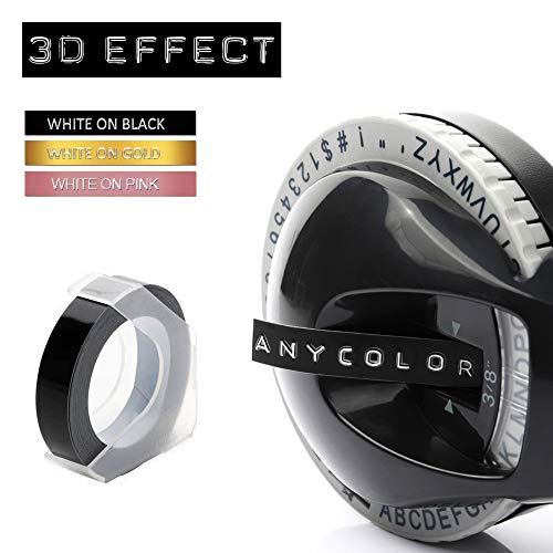 Anycolor 3D Etiquetas Embossing Impresora cinta de etiquetas Compatible para usar en lugar de DYMO Junior Omega Motex E-101 E-303, Auto-adhesive, Blanco sobre Negro/Dorado/Rosa 9mmx3m
