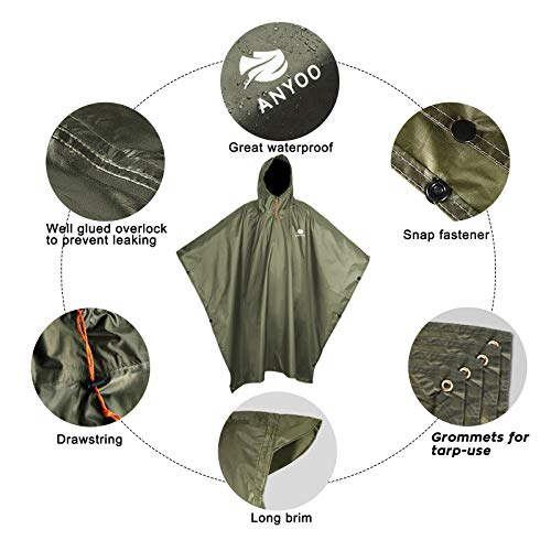 Anyoo Poncho de Lluvia Reusable de Ripstop transpirante Ligero a Prueba de Agua Multiuso Impermeable con Capucha de Lona de Tienda de Campaña Ideal para el Aire Libre Campamento Excursionismo y Pesca Anyoo Poncho de Lluvia Reusable de Ripstop transpirante Ligero a Prueba de Agua Multiuso Impermeable con Capucha de Lona de Tienda de Campaña Ideal para el Aire Libre Campamento Excursionismo y Pesca
