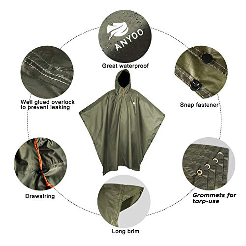 Anyoo Poncho de Lluvia Reusable de Ripstop transpirante Ligero a Prueba de Agua Multiuso Impermeable con Capucha de Lona de Tienda de Campaña Ideal para el Aire Libre Campamento Excursionismo y Pesca