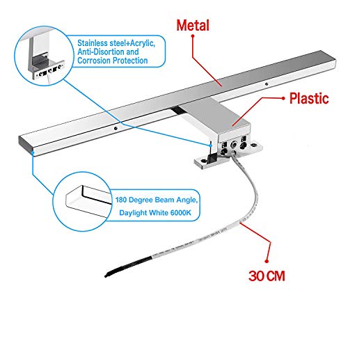 Aogled Lámpara de Espejo Baño 40 cm 10W 820LM 230V Blanco Frío 6000K,Acero inoxidable IP44 Clase II Lámpara de espejo de baño delgada,Abrazadera en el Espejo/Gabinete/Iluminación de Pared 400 mm