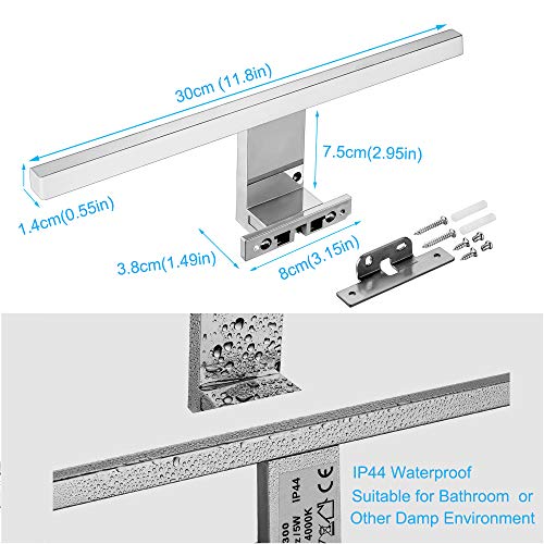 Aogled Led Espejo Luz Baño 5W 400LM 30cm 230V 4000K,Lámpara de Acero Inoxidable 3 en 1 IP44 Clase II,Diseño Delgado,Sin Parpadeo,Espejo No Regulable Frente/Gabinete/Iluminación de Pared Neutro Blanco