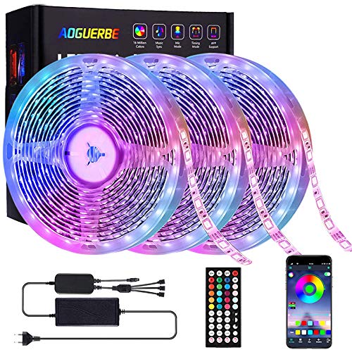 AOGUERBE Tiras LED 15M, Tira de Luz de Cambio de Color de Música con Control Remoto 44 Teclas Control Remoto IR 5050 Kit de Tira de Luz LED RGB para Hogar, Fiesta, Cocina TV-APP controlada