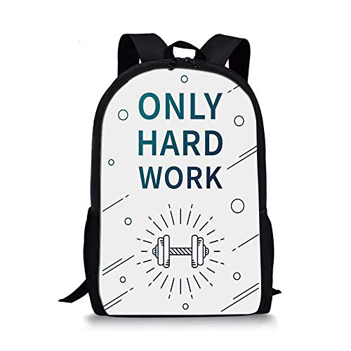 AOOEDM Backpack - Mochila Escolar Elegante para Ejercicios, Solo Trabajo Duro, Frase de afirmación Deportiva Positiva y mancuerna Decorativa inspiradora para niños, 11 'L x 5' W x 17 'H