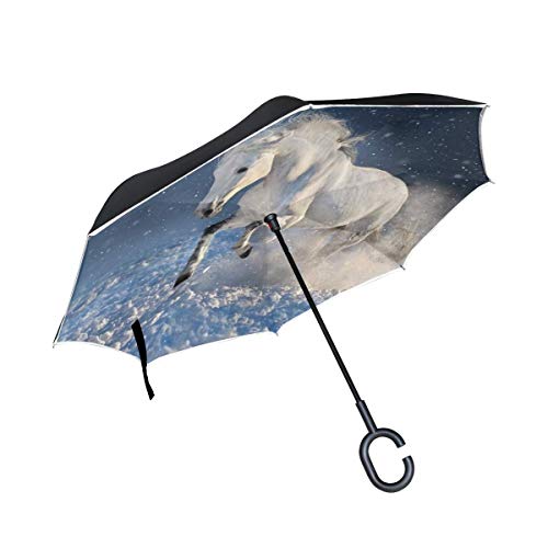 AOTISO Ejecutar Crianza Carrera hacia adelante Caballo Doble capa Plegable Protección contra rayos UV Impermeable A prueba de viento Coches rectos Golf Invertido Paragüero invertido Con mango en forma