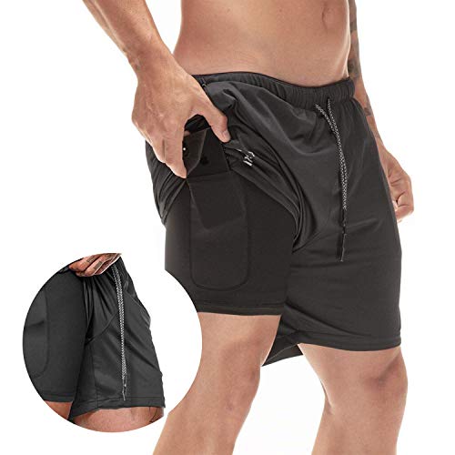 Aotlet Pantalones Cortos Deportivos para Hombre,2 en 1 Pantalón Corto Deportivo Secado Rápido Shorts Pants para Tenis Running Fitness Gimnasio Gym Atletismo Nadar, Negro, M-3XL(Apretado y pequeño)