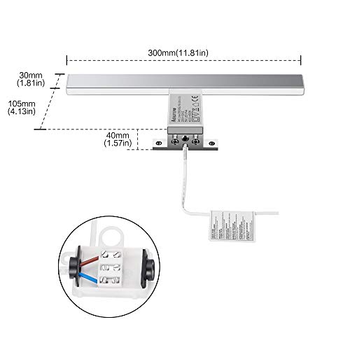 Aourow Lámpara de Espejo Baño LED 5W 230V 500lm,a Prueba de Agua IP44 30cm,3 en 1,Fije en el Espejo +en el Gabinete+en la Pared,Luz Blanca Neutra 4000K,Contra Niebla Acero Inoxidable,300x105x40mm