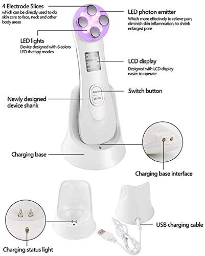 Aparato Facial Ultrasonido Dispositivo de Belleza Ultrasónico,Masajeador Facial de Belleza Multifuncion5 in1, 6 Modos de Máquina de Belleza LED dispositivo de masaje de Mesoterapia