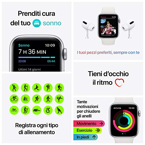 Apple Watch SE (GPS, 44 mm) Caja de aluminio en plata - Correa deportiva blanca