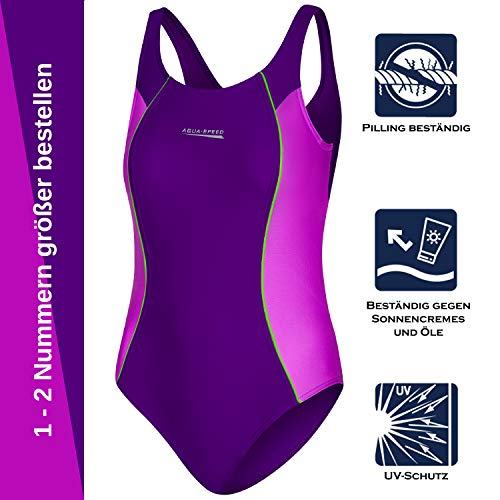 Aqua Speed Luna Traje de baño para niña | Traje de una Pieza | protección UV | Resistente al Cloro | Violeta - Violeta Oscuro - Verde - 48 | Tamaño: 140 cm